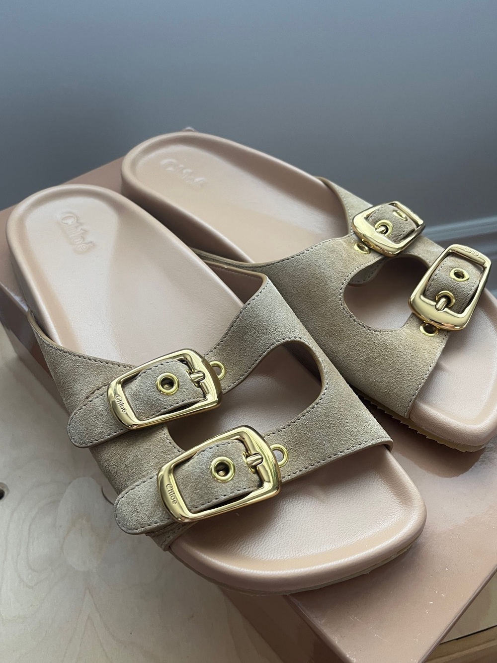 Chloé BNIB Polly Buckle Suede Leather Tan Slides